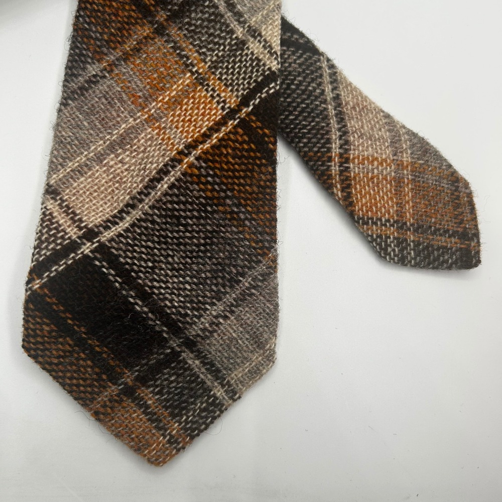Craigmill Shetland Wool Tie Made in Scotland Brown Tan Plaid Pure New Wool